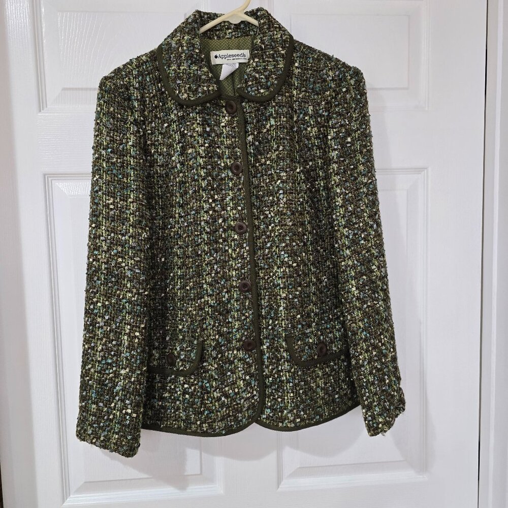 Appleseed's Tweed/Woven Button Up Lined Blazer Front Pockets Olive Green Sz 12